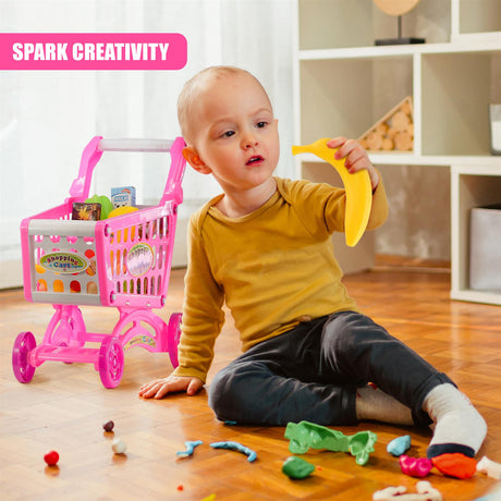 Pink Shopping Trolley Cart Play Food Set by The Magic Toy Shop - UKBuyZone