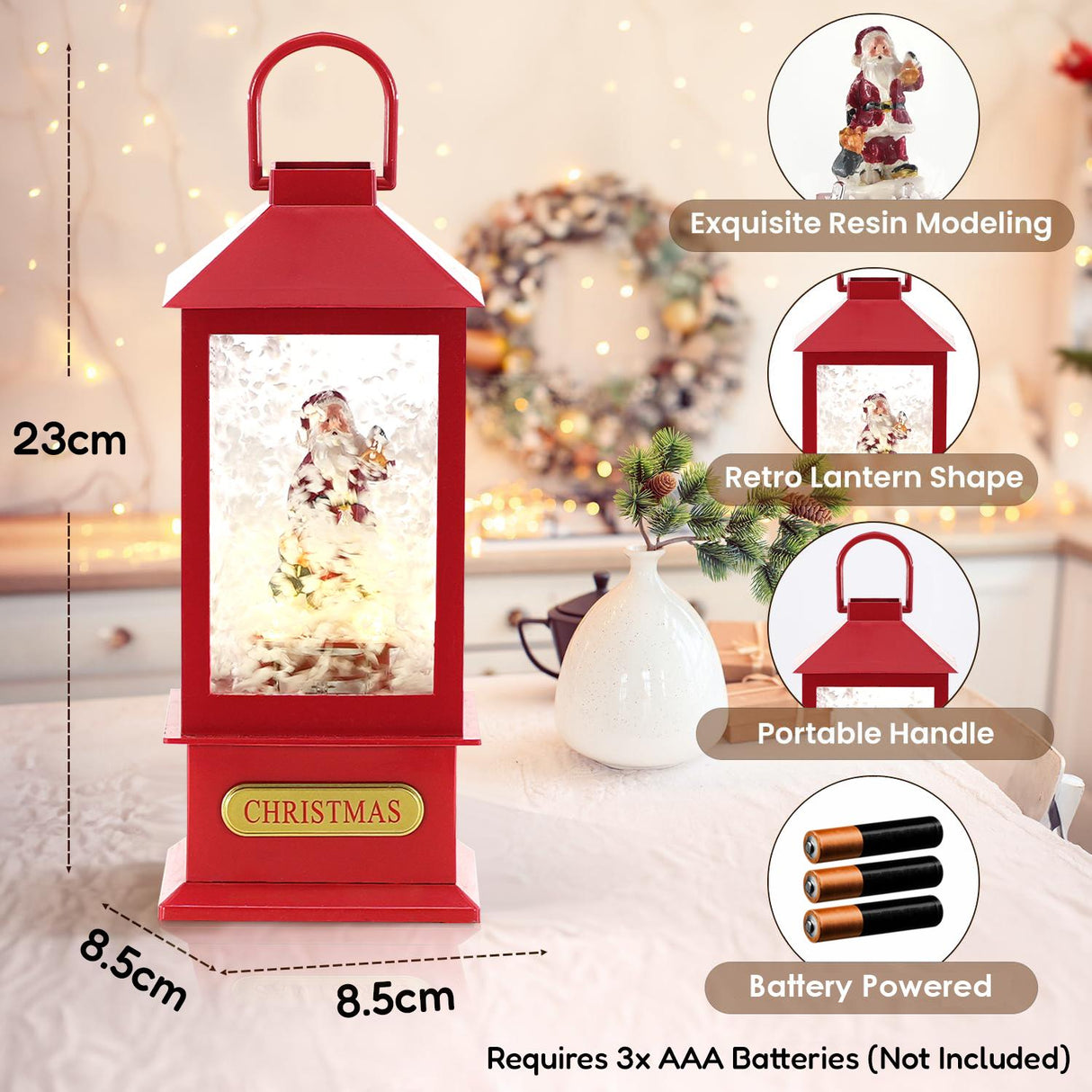 A brightly lit Christmas lantern with 8 holiday songs playing softly, light and snow effect visible through the glass, perfect for setting a festive atmosphere at home or outdoors. The Magic Toy Shop ukbuyzone.