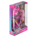 Box set includes a pregnant doll, a baby doll, a stroller, and a doll bed.