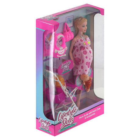 Box set includes a pregnant doll, a baby doll, a stroller, and a doll bed.