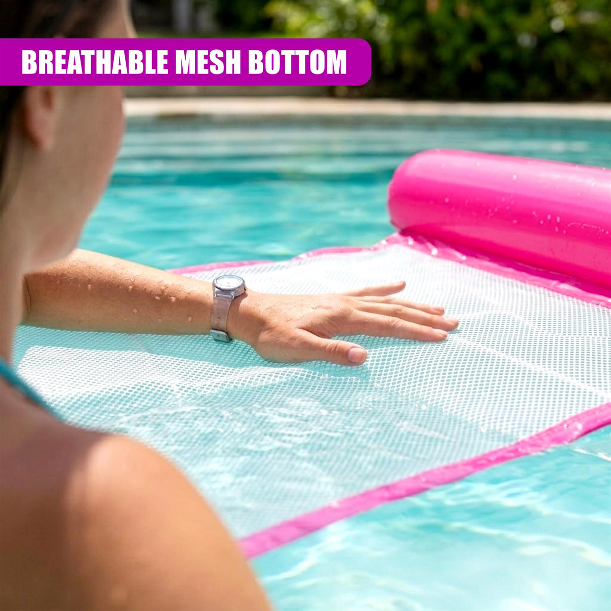 A person's arm rests on a floating inflatable hammock with a visible white mesh pattern.