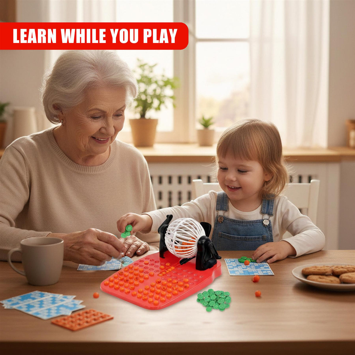 The bingo lotto set includes a red base, game cards, green tokens, and a black spinner.