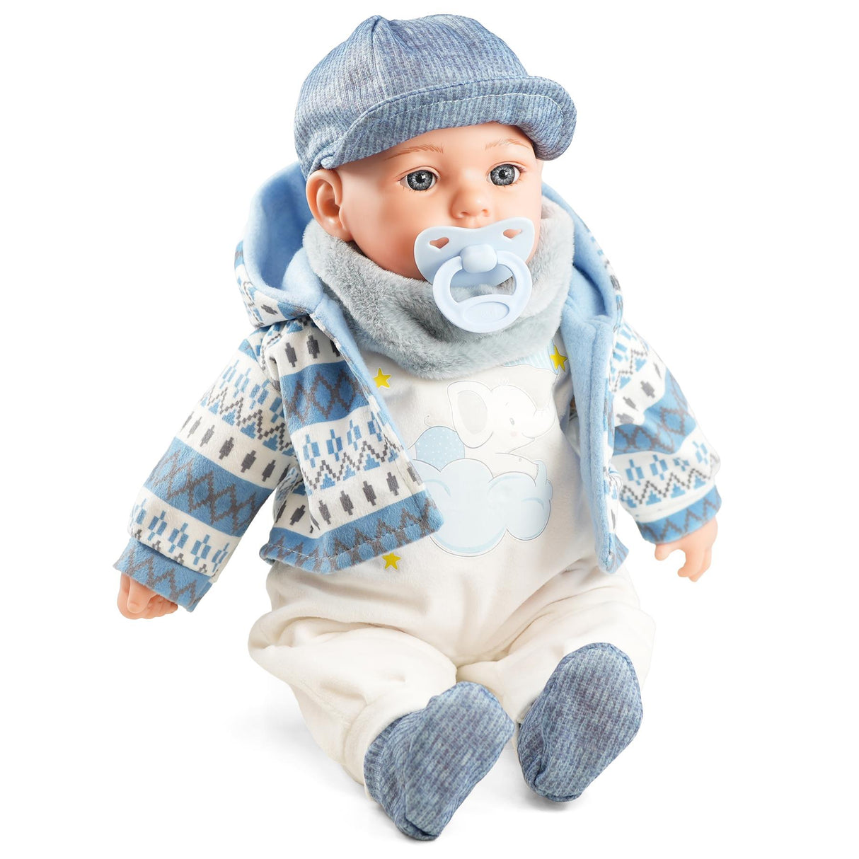 The image is of a baby doll from the brand 'ukbuyzone' with a blue sweater and hat outfit.