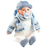 The image is of a baby doll from the brand 'ukbuyzone' with a blue sweater and hat outfit.