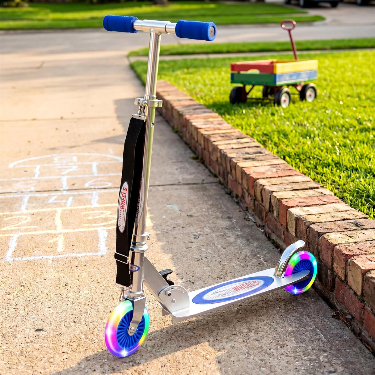Blue kick scooter with a silver footplate and four spinning, colorful wheels resting on a brick curb.