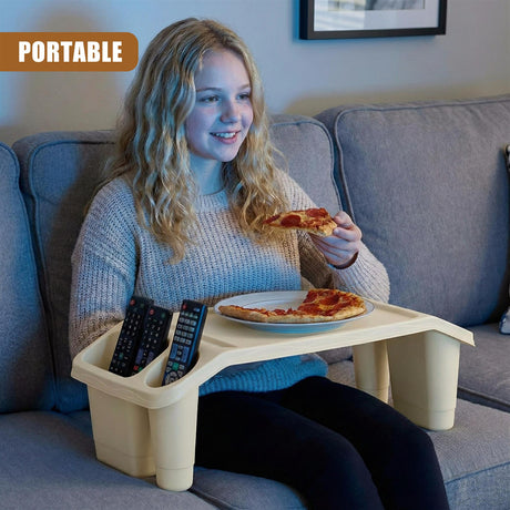 A foldable tray table on a couch, with pizza and remote controls. - UKBuyZone