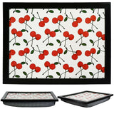 A colorful, rectangular tray with a pattern of red cherries and green leaves on a white background. The tray has a sturdy, black frame and a smooth, flat surface. - UKBuyZone