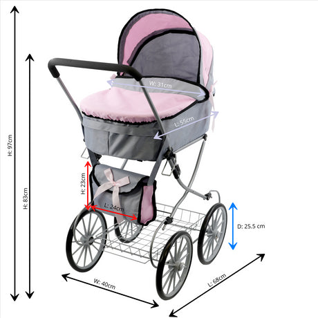 Pink and Grey Dolls Vintage Cambridge Pram by BiBi Doll - UKBuyZone