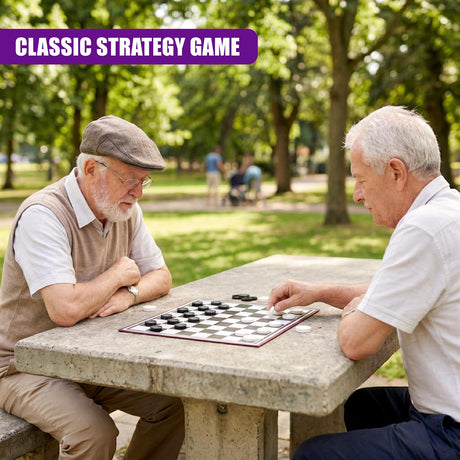 A checkered draughts board rests on a concrete table where two men are playing.