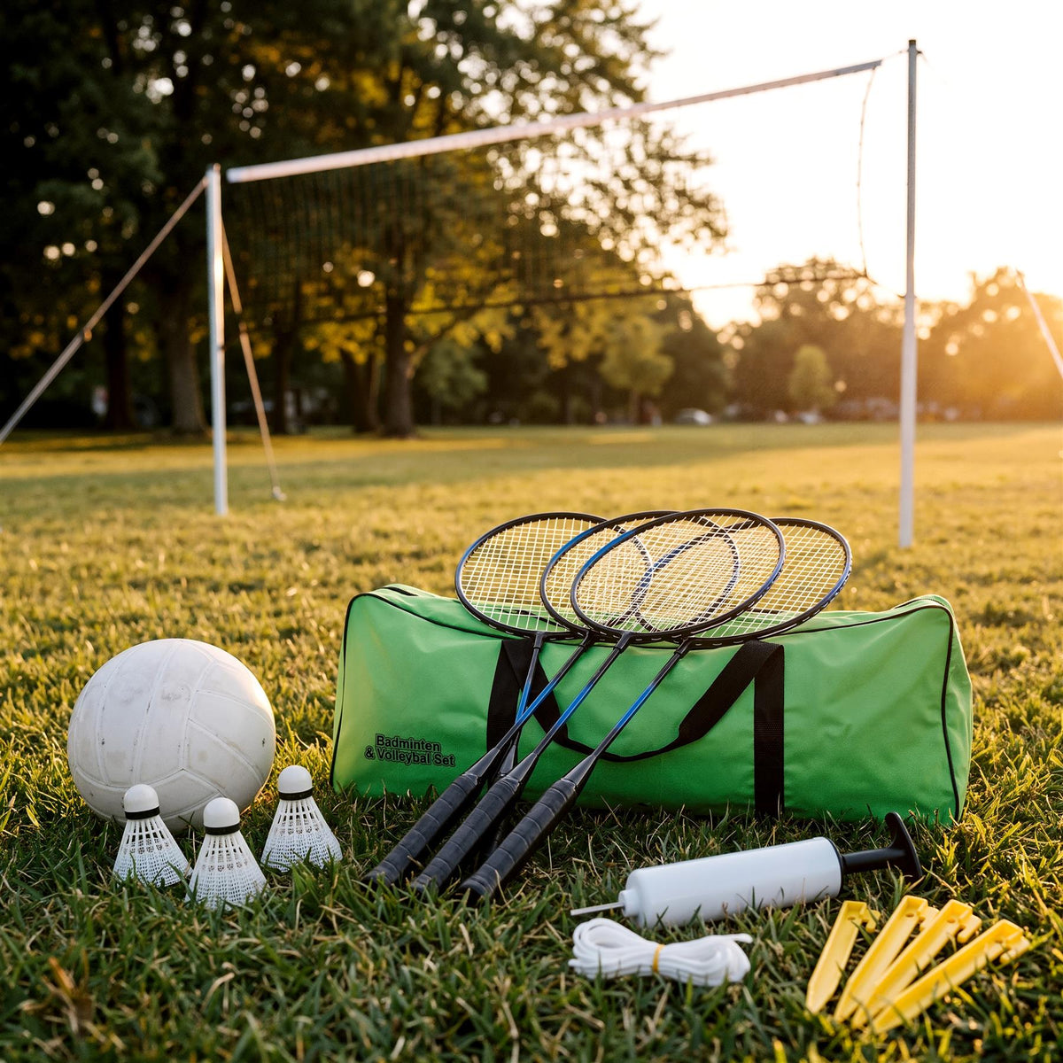 Green carry bag for 2-in-1 badminton and volleyball set on grass with rackets, shuttlecocks, ball, pump, pegs and net poles