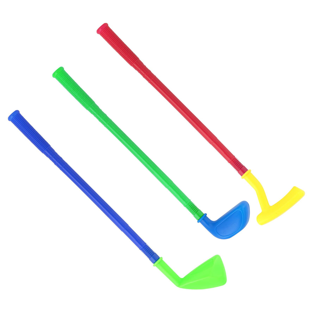 Three brightly colored junior golf putters, blue, green, and red, are displayed on a white background.