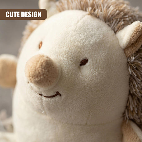 Plush toy hedgehog door stopper featuring a light brown snout and soft, textured fabric.