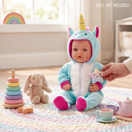 Reborn doll in unicorn outfit sits near a bunny toy, teacups, and stacking ring toys.