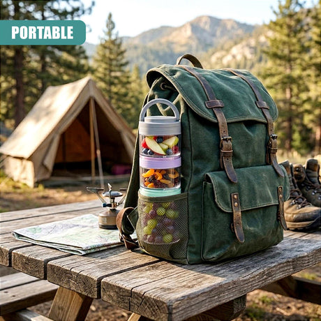 Stack of three clear containers filled with snacks, attached to a dark green outdoor backpack.