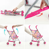 Hands assembling a folded baby doll accessory onto a silver stroller bar.
Hands attaching a pink latch to the silver stroller frame with an arrow indicating motion.
Hands adjusting the stroller frame, showing an opening and closing motion.
A fully assembled baby stroller with pink accents and four visible wheels.