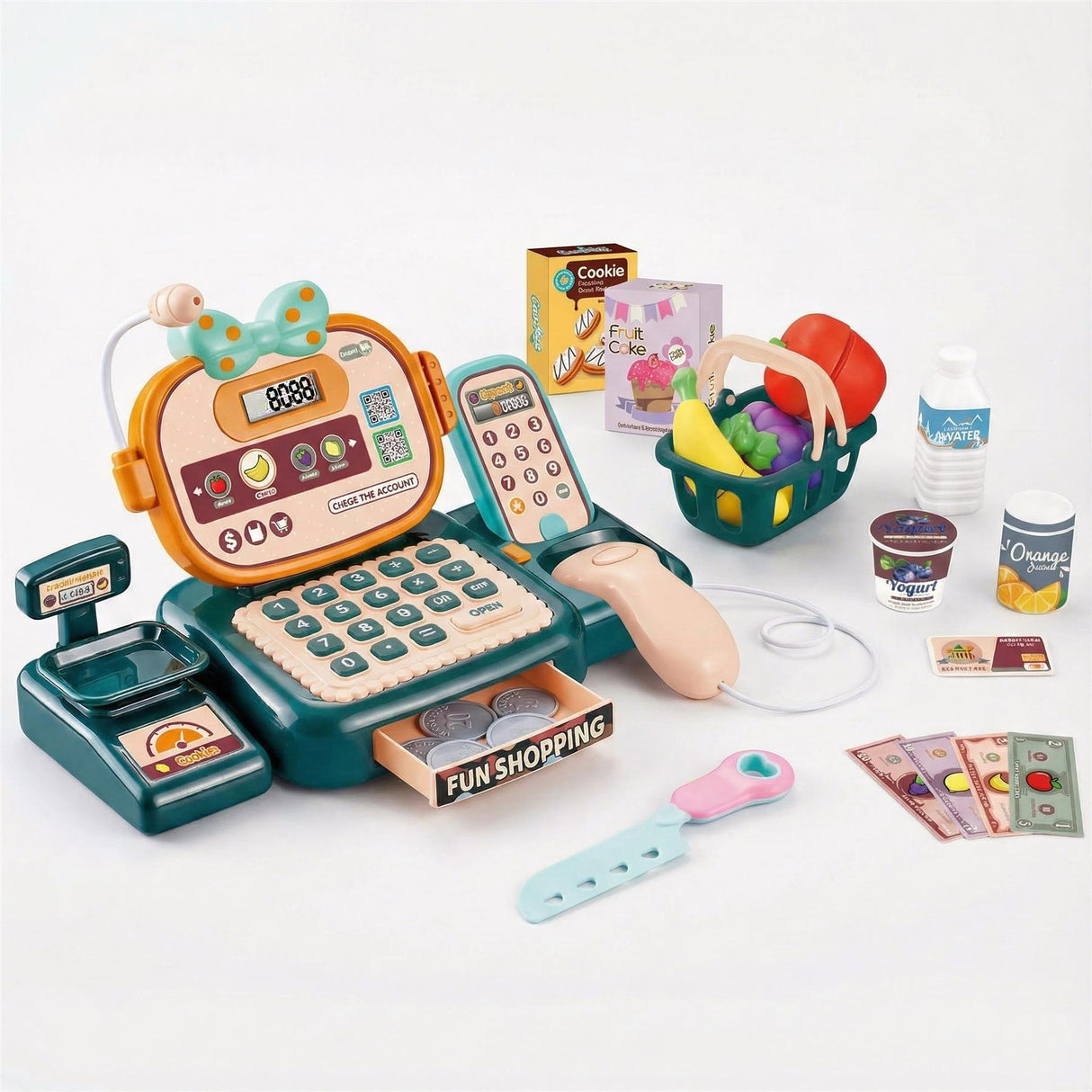 A toy cash register with a display screen, keyboard, and coin tray, surrounded by play money, food, and a toy shopping basket. - UKBuyZone