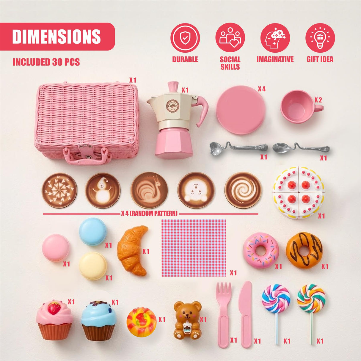 Pink tea party set: basket, teapot, plates, cups, and miniature accessories and snacks.