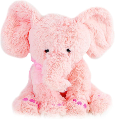 A soft, plush toy elephant with a pink, fuzzy body and a pink ribbon around its neck. - UKBuyZone
