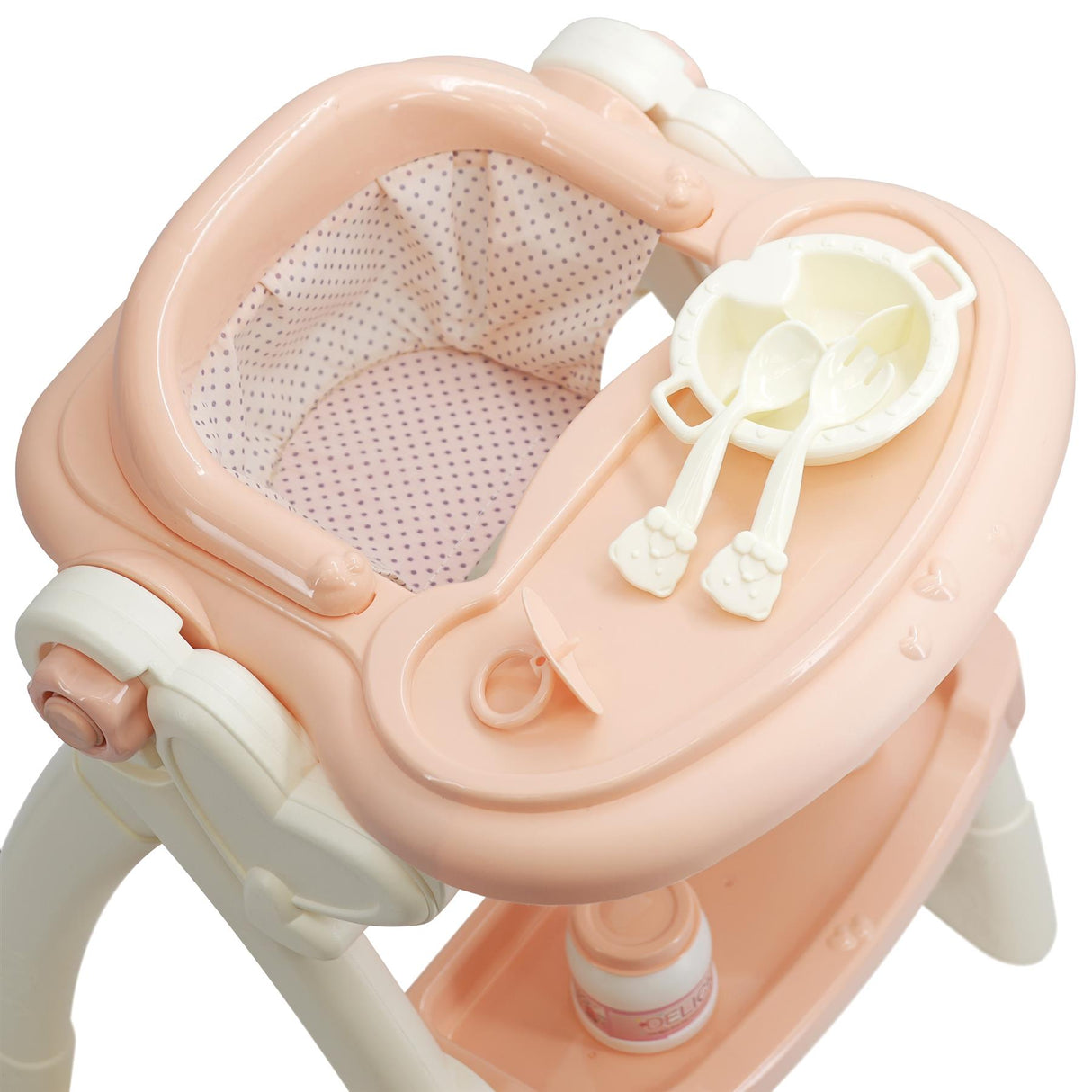 "Pink high chair with feeding accessories set, resembling a baby care kit." - UKBuyZone