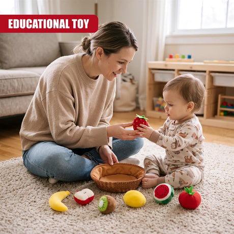 A woman and baby playing with a fabric fruit basket toy set on a carpet