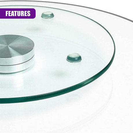 Clear glass turntable featuring a circular metal base and two visible glass feet.