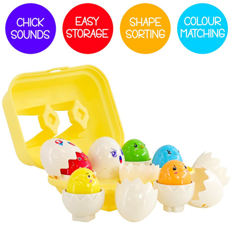 A yellow plastic sorting tray holds various brightly colored, plastic toy eggs for matching.