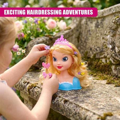 A girl decorates a blonde doll head with small artificial flowers while sitting on a stone bench.