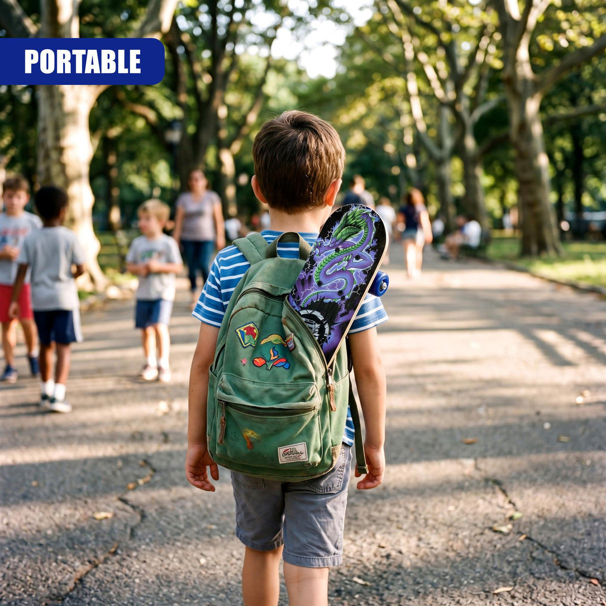 Green backpack designed for carrying a decorated, portable skateboard mounted on the back.