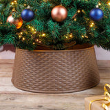 Brown Christmas tree skirt with a basket weave pattern under a decorated tree