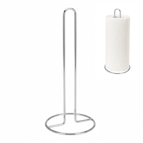 Chrome freestanding kitchen roll stand next to a roll of white paper towels for display.