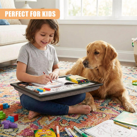 A child sits on a colorful rug, coloring with crayons, while a golden retriever sits nearby, looking at the child's work. - UKBuyZone
