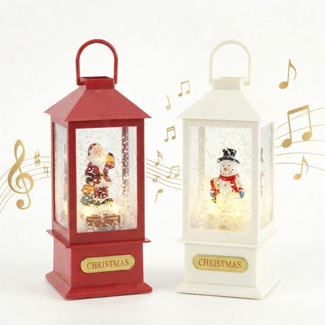 Two lighted, decorative Christmas lanterns, one red and one white, display seasonal snowmen figures.