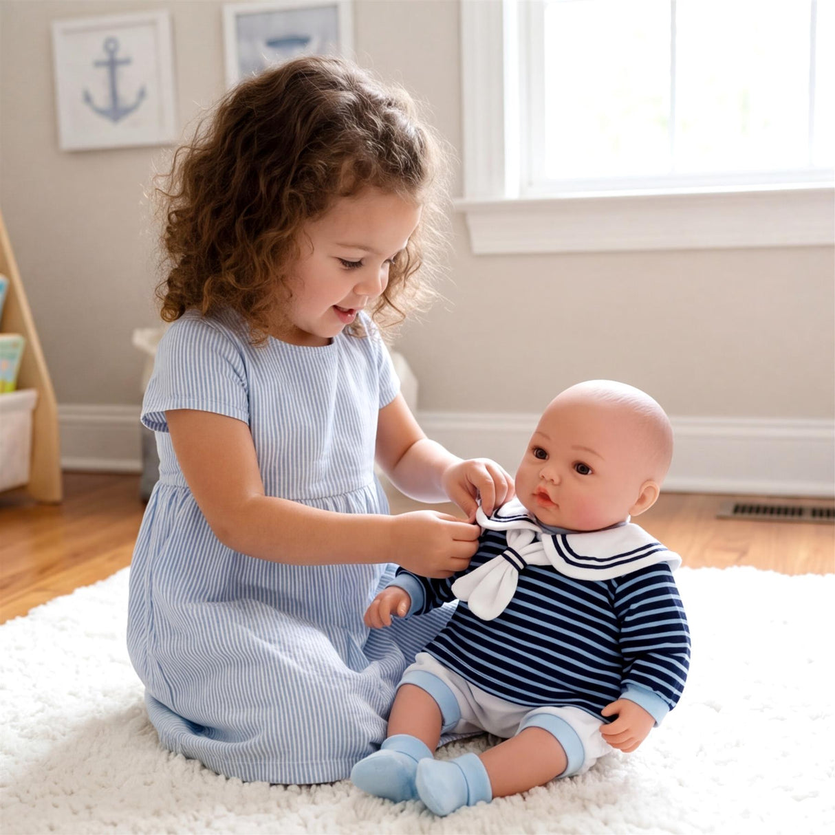 Doll wearing a navy and white striped sailor outfit, collar, and matching booties.