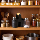 A wooden shelf with various kitchen items and a black salt and pepper set with a wooden handle. - UKBuyZone