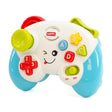 A white baby game controller toy with blue grips, red and yellow buttons, a winking face, and an ON/OFF switch