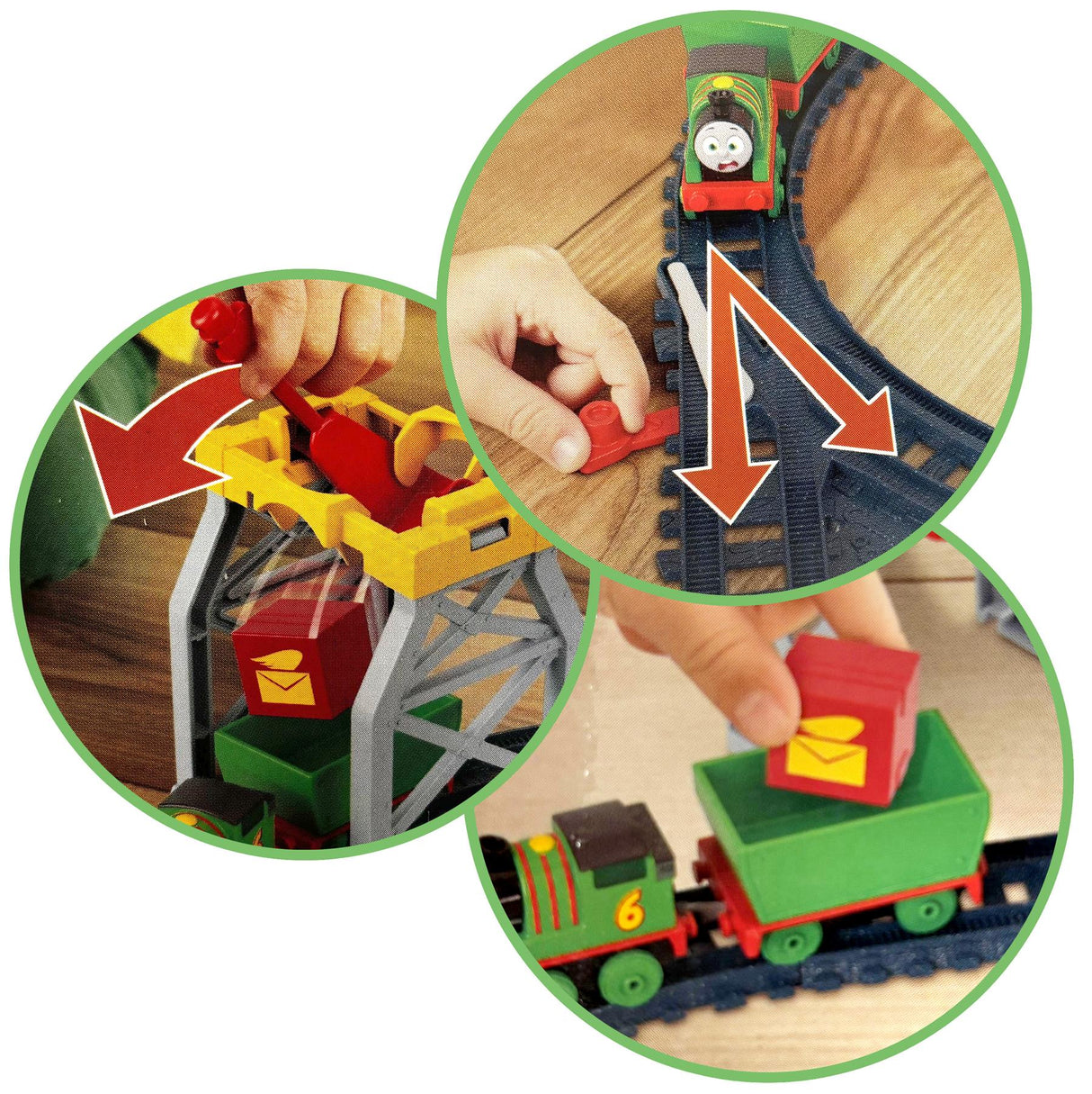 A detailed train set showing a cargo drop, curve, and green cargo train cars.