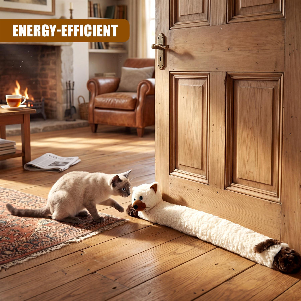 Cream cat novelty draught excluder positioned on a wooden door with a real cat nearby.
