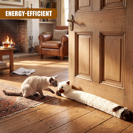 Cream cat novelty draught excluder positioned on a wooden door with a real cat nearby.
