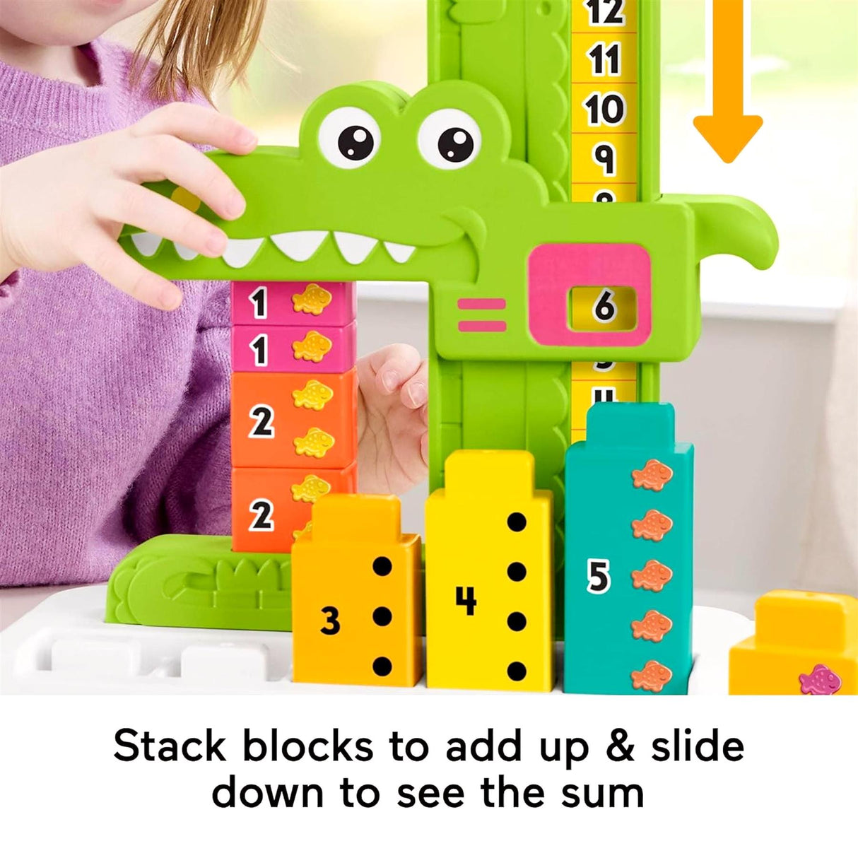 Child uses a green alligator math toy with stacked blocks to count and calculate sums.