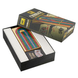 Black box containing a cribbage board and a deck of playing cards.