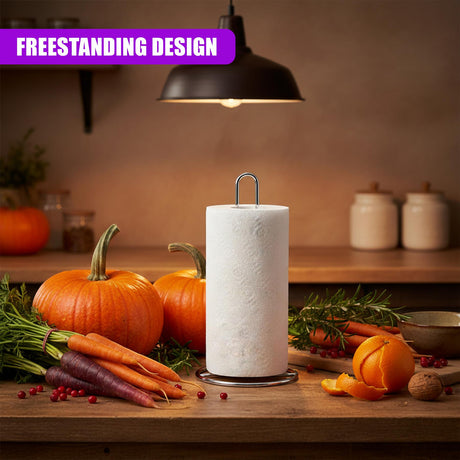 Paper towel roll on a metal stand sits on a wooden surface near fresh pumpkins, carrots, and citrus.