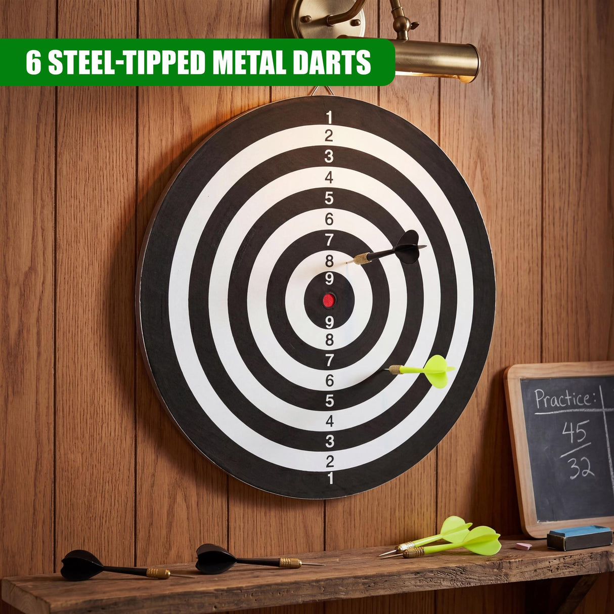A large black dartboard hangs on a wood wall, displaying numbered scoring rings and metal darts.