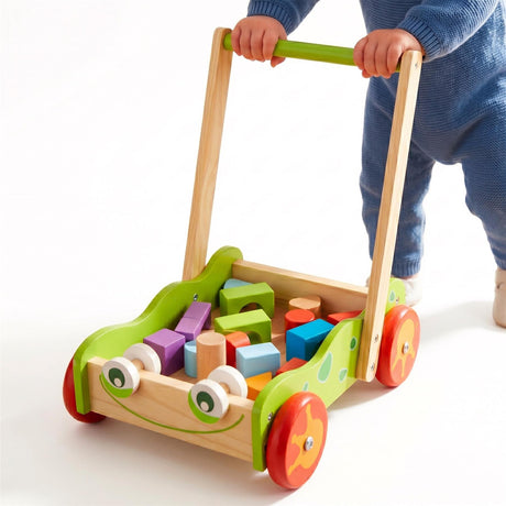 Wooden baby walker with attached handle and various stacked colored wooden blocks.