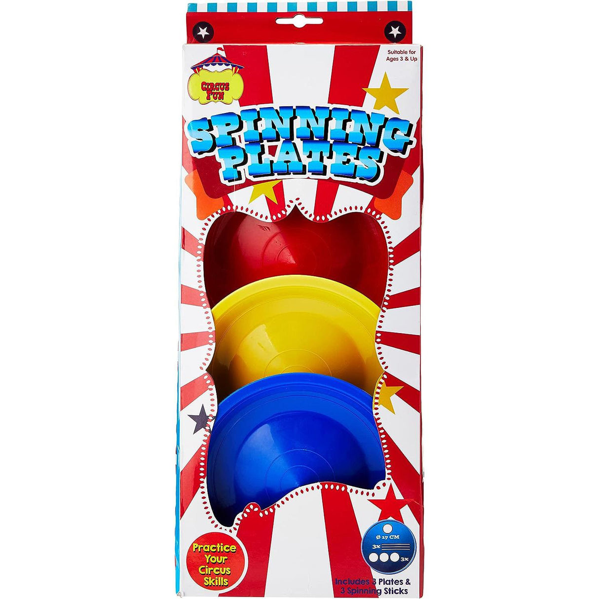 A set of three colorful, plastic spinning plates in red, yellow, and blue, with a central hole for spinning. - UKBuyZone