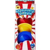 A set of three colorful, plastic spinning plates in red, yellow, and blue, with a central hole for spinning. - UKBuyZone