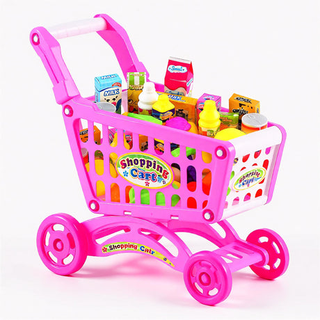 "Pink toy shopping cart filled with play food items." - UKBuyZone