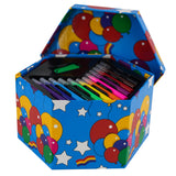 Open blue case showing many writing tools and markers, decorated with balloons.