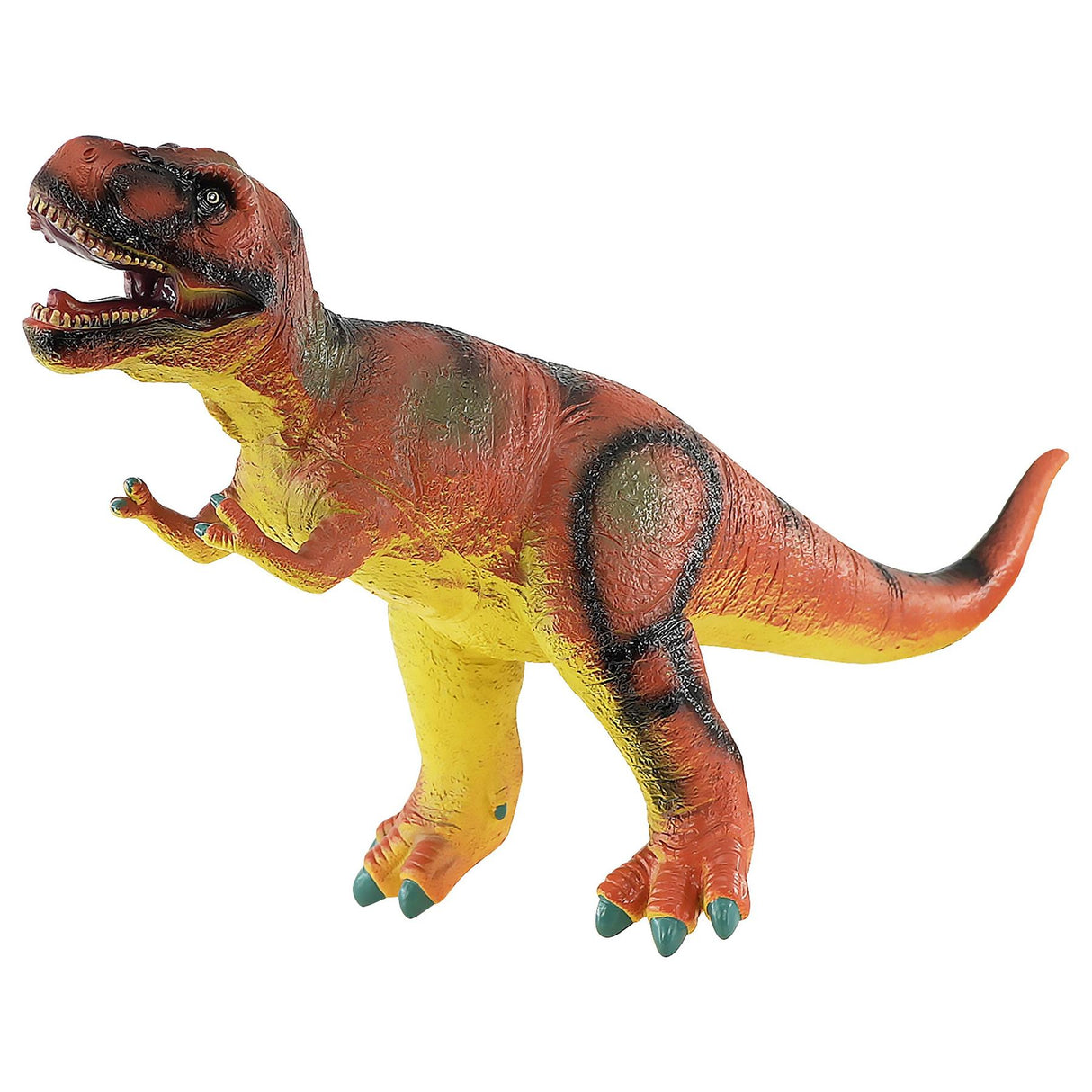 Colorful toy dinosaur standing in a bipedal stance, featuring a red snout and yellow lower body.