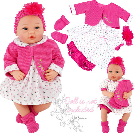 Multiple coordinating doll outfits, including pink cardigans, patterned skirts, and leggings, are displayed.