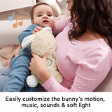 Woman holding a baby who cradles a plush, light-colored bunny toy accessory.